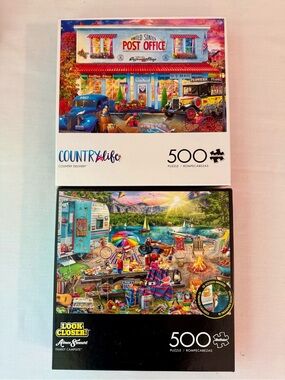 Lot of 2 500-Piece Buffalo Jigsaw Puzzle - Colorful Post Office & Camping Scene